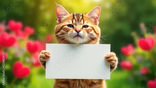 create a humorous image of a happy cat, holding up an empty sign. The cat is clearly exhausted. The background is a garden, Perfect composition, highly detailed, many red hearts around 