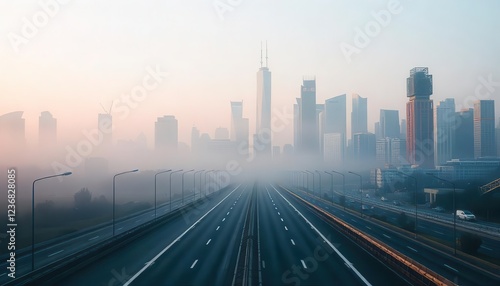 Early morning cityscape urban skyline photography misty environment aerial view modern architecture