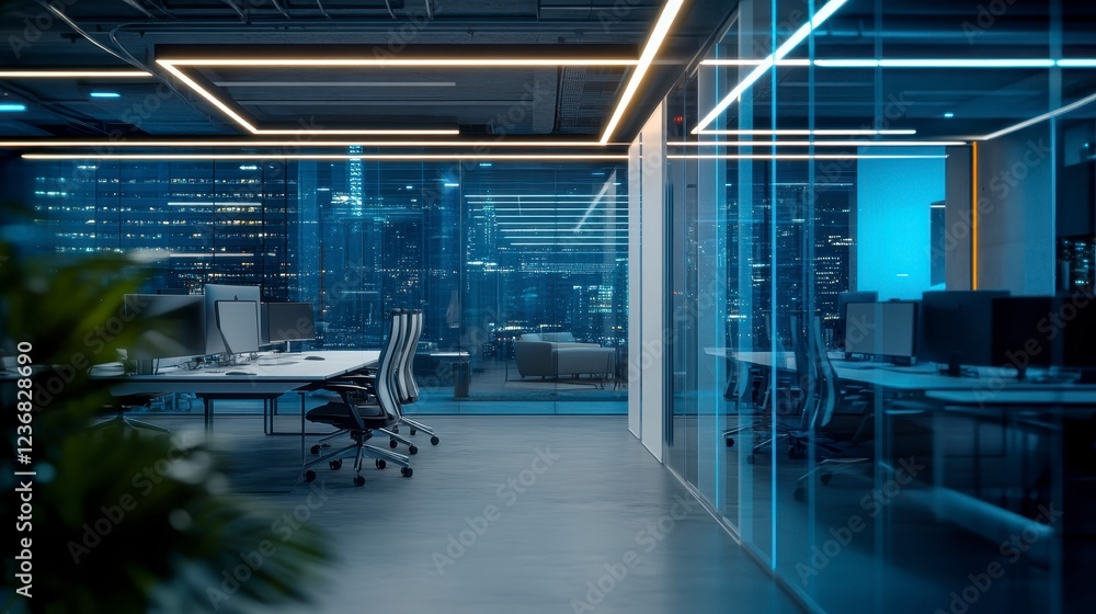 Fototapeta premium Modern office interior at night, featuring glass walls, sleek desks, and city lights visible through large windows. The space is illuminated by