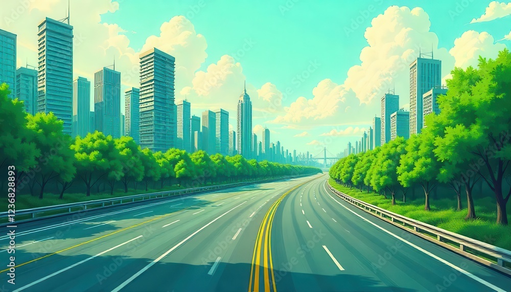 Fototapeta premium Urban roadway journey through cityscape with lush greenery sunny day digital art vibrant atmosphere