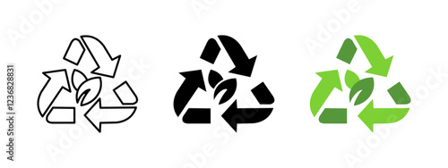 Recycle icon. Reusable label. Eco-friendly vector illustration. Green sustainability leaf symbol. Environmental concept for waste reduction and energy efficiency. Ecology triangle arrows sticker.