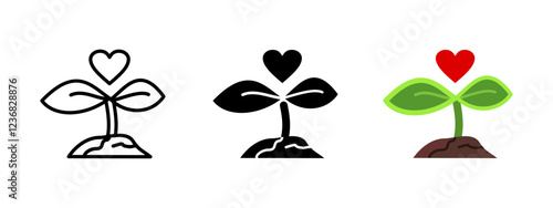 Plant care icon. Seedling with heart vector illustration. Agriculture symbol. Sapling love and care sign. Farming and gardening pictogram. Horticulture and cultivation concept. Agribusiness graphic.
