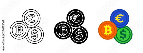 Bitcoin exchange rate icon. Bit, dollar and euro coin vector. Crypto currency exchange illustration. Electronic finance money symbol. Digital wallet banking design. Blockchain payment transaction.