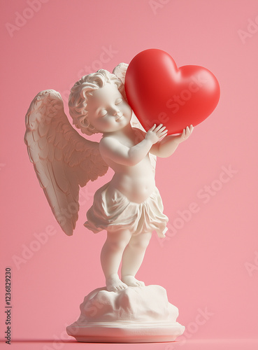 A cute baby cherub statue holding a large red heart, set against a pure pink background.Minimal creative Valentine's holiday  concept.Copy space,flat lay 