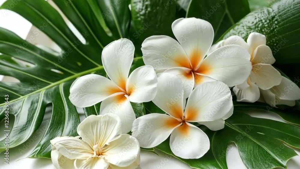White tropical flowers and lush green leaves create a serene natural display indoors White tropical flowers and lush green leaves create a serene natural display indoors