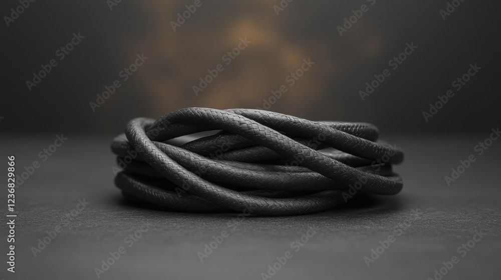 Naklejka premium Black Textured Cord Cable Rope Coil Dark Background Close Up