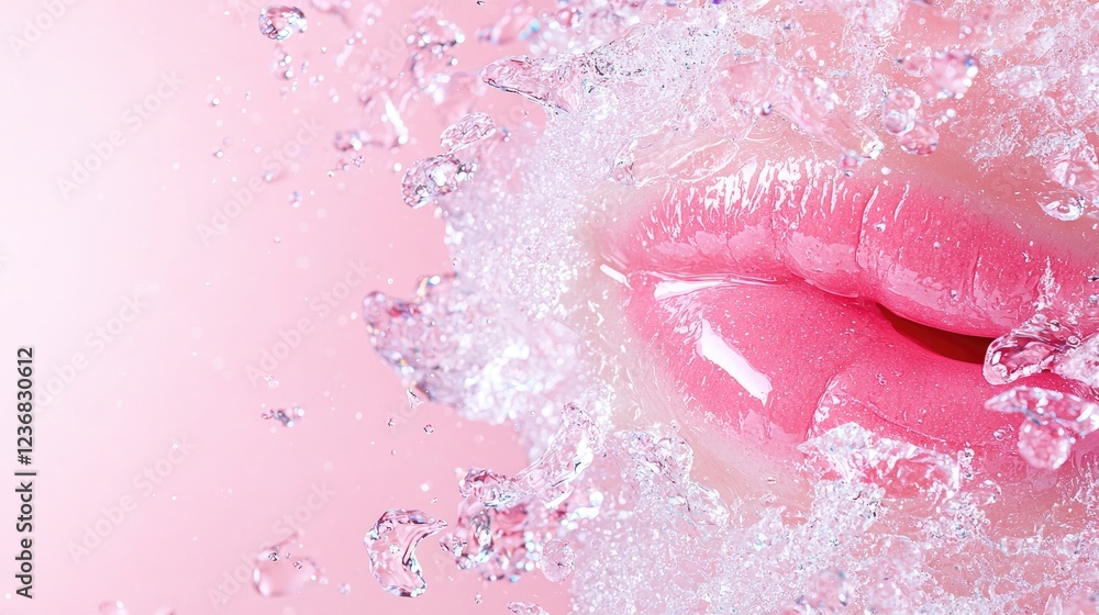 Fototapeta premium Pink lips, water splash, beauty, skincare, ad