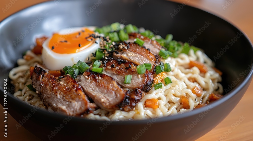 Fototapeta premium Sliced grilled pork and a soft-boiled egg with runny yolk serve as toppings on a bowl of ramen noodles on a wooden table.