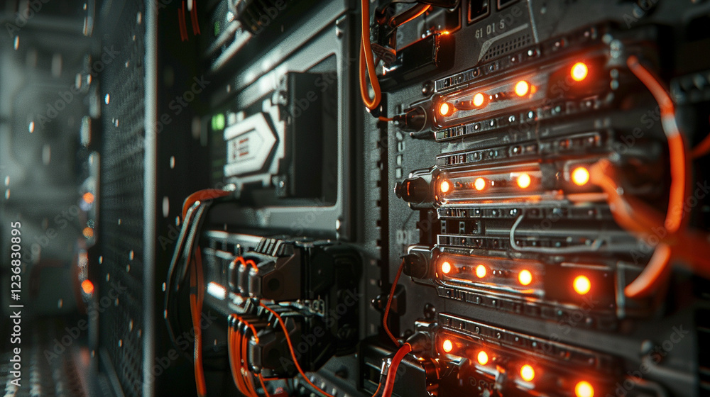 A close-up shot of a modern server rack with blinking LED indicators, fiber-optic connections, and high-speed network cables, moody lighting, ultra-realistic textures A close-up shot of a modern server rack with blinking LED indicators, fiber-optic connections, and high-speed network cables, moody lighting, ultra-realistic textures