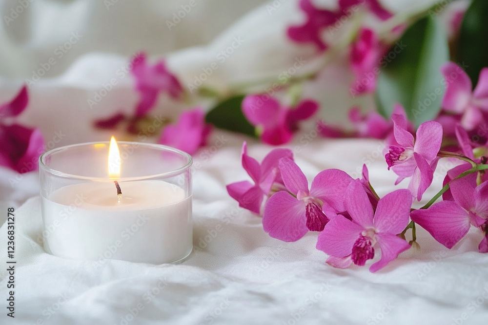 Stylish tray with burning candles and flowers on a gray background, space for text. Aesthetic stock photo, featuring soft colors, minimalist design, Stylish tray with burning candles and flowers on a gray background, space for text. Aesthetic stock photo, featuring soft colors, minimalist design,