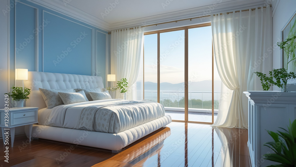 3D rendering of modern bedroom with sea view background. 3D rendering of modern bedroom with sea view background.