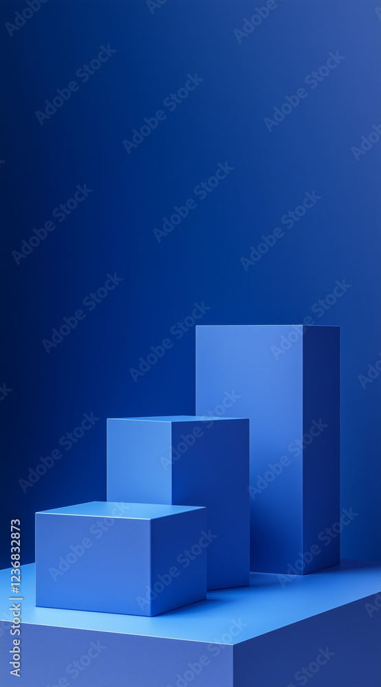 Blue background, 3D cube boxes, minimalist style, and geometric shapes create an overall sense of unity and symmetry. Blue background, 3D cube boxes, minimalist style, and geometric shapes create an overall sense of unity and symmetry.