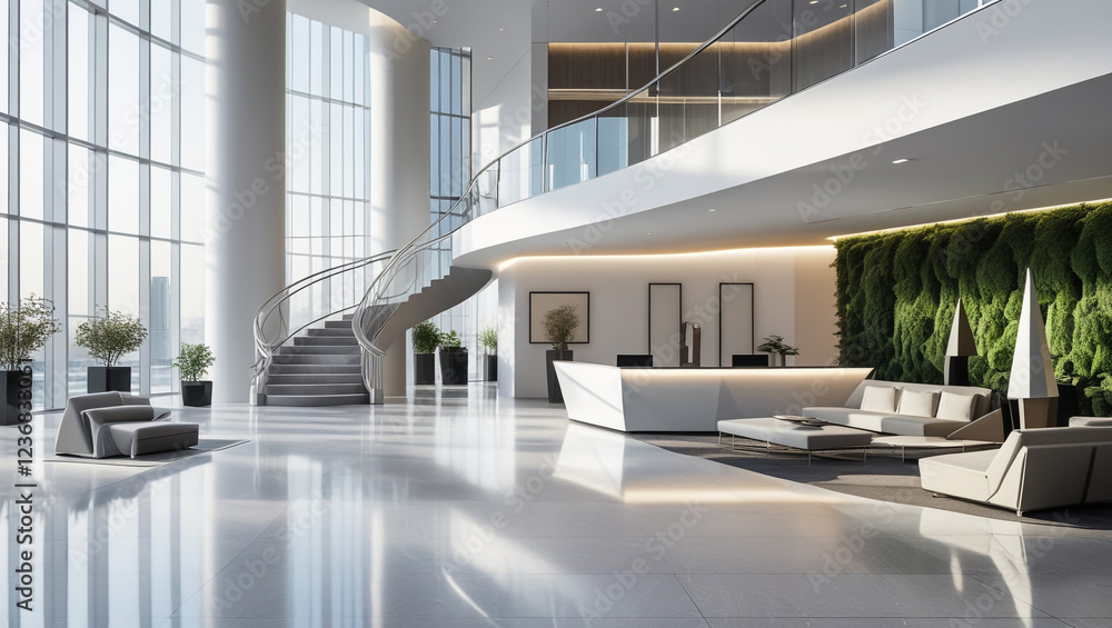 Fototapeta premium Modern Chinese style office interiors, bright lobby and stairs