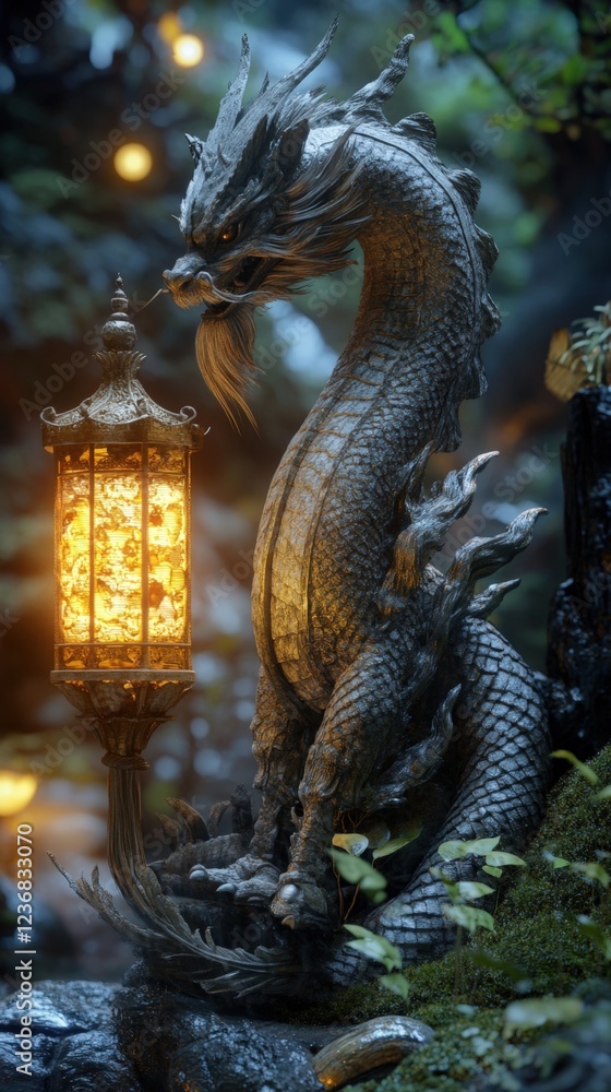 Fototapeta premium Mystical stone dragon statue in enchanted forest, glowing lantern, night scene; fantasy art.