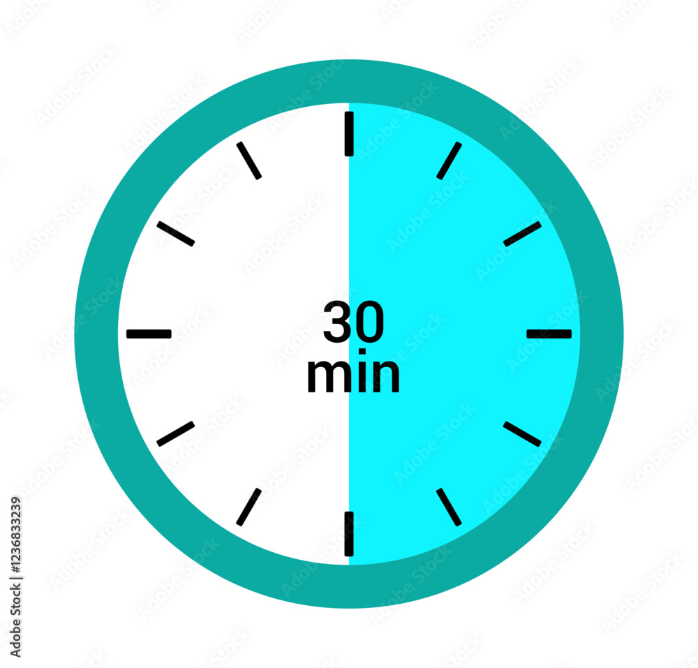 An analog clock face timer showing 30 minutes time An analog clock face timer showing 30 minutes time
