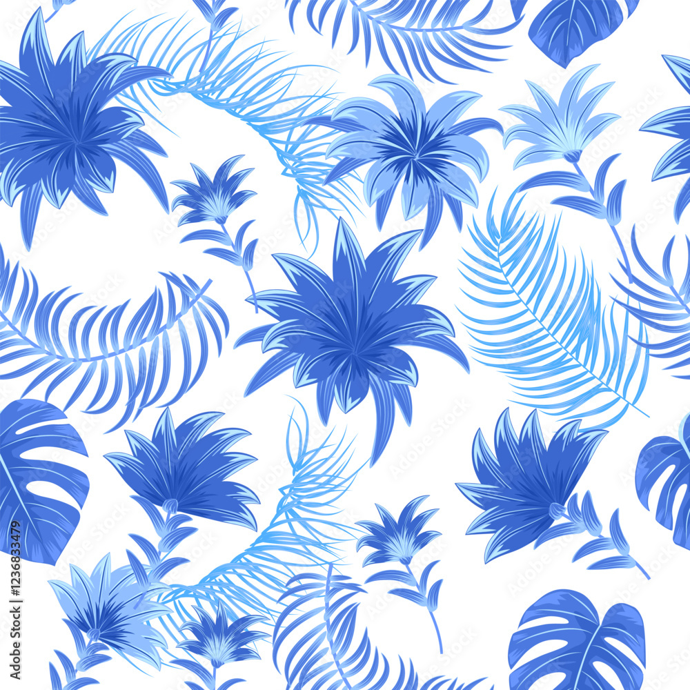Vector seamless pattern with blue tropical palm leaves and flowers on white background. Vector seamless pattern with blue tropical palm leaves and flowers on white background.