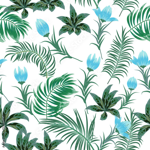 Seamless vector pattern with tropical palm leaves and blue flowers on white background.