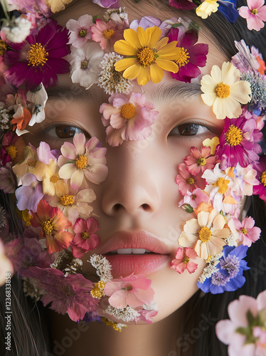 A portrait of an Asian woman with her face covered in vibrant, colorful flowers.Minimal creative fashion and yewelry concept with copy space. photo