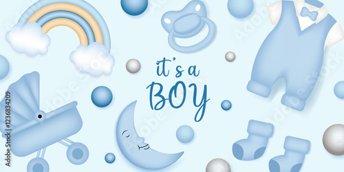 Baby shower design with balloons, moon, rainbow, pacifier, stroller and dress on blue background. It's a boy design.