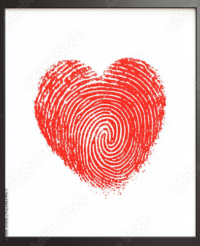 A red heart-shaped fingerprint on a white background.