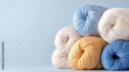 Pastel yarn balls on blue background, crafting supplies photo