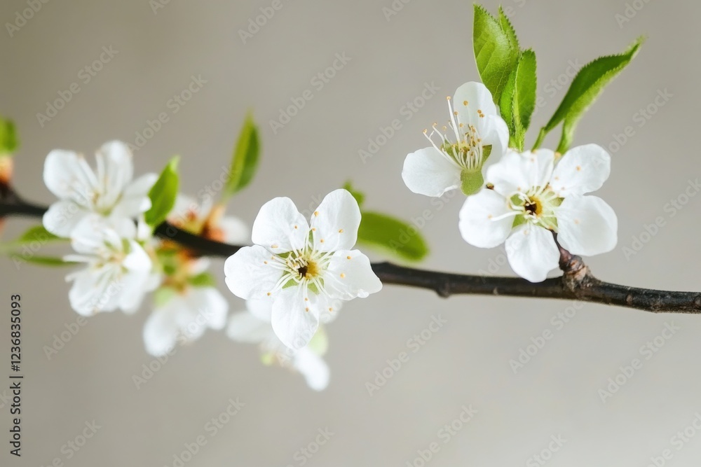 Fototapeta premium Delicate white blooms of Prunus laurocerasus adding elegance to serene indoor decor in springtime