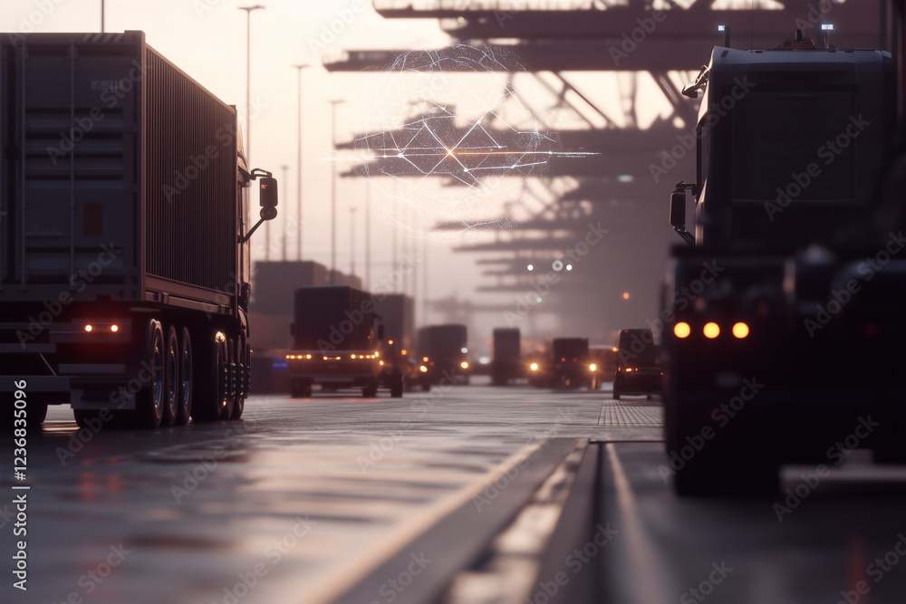 Trucks at sunset, port logistics in action. Trucks at sunset, port logistics in action.