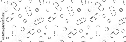 Medical pills seamless pattern. Outline pills background. Pills and capsules pattern in black and white.