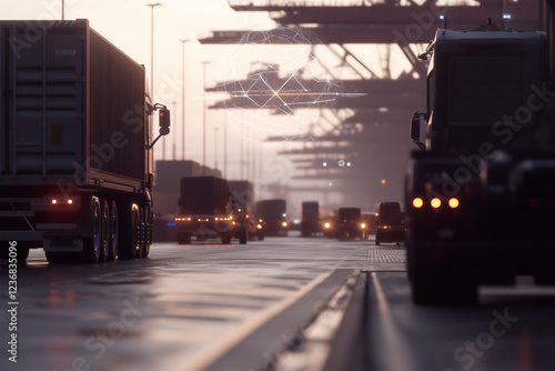 Trucks at sunset, port logistics in action.