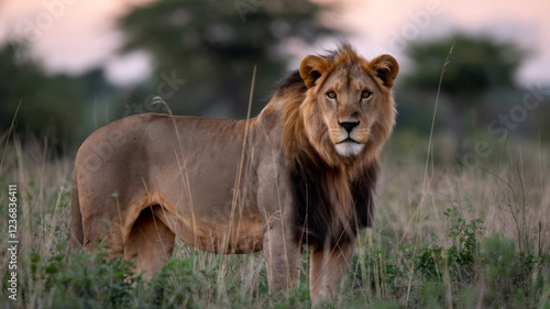Wallpaper Mural A majestic lion stands confidently in a grassy savanna, with its mane catching the soft light of the setting sun.Blurred background hints at distant trees, creating a peaceful yet wild atmosphere.AI Torontodigital.ca