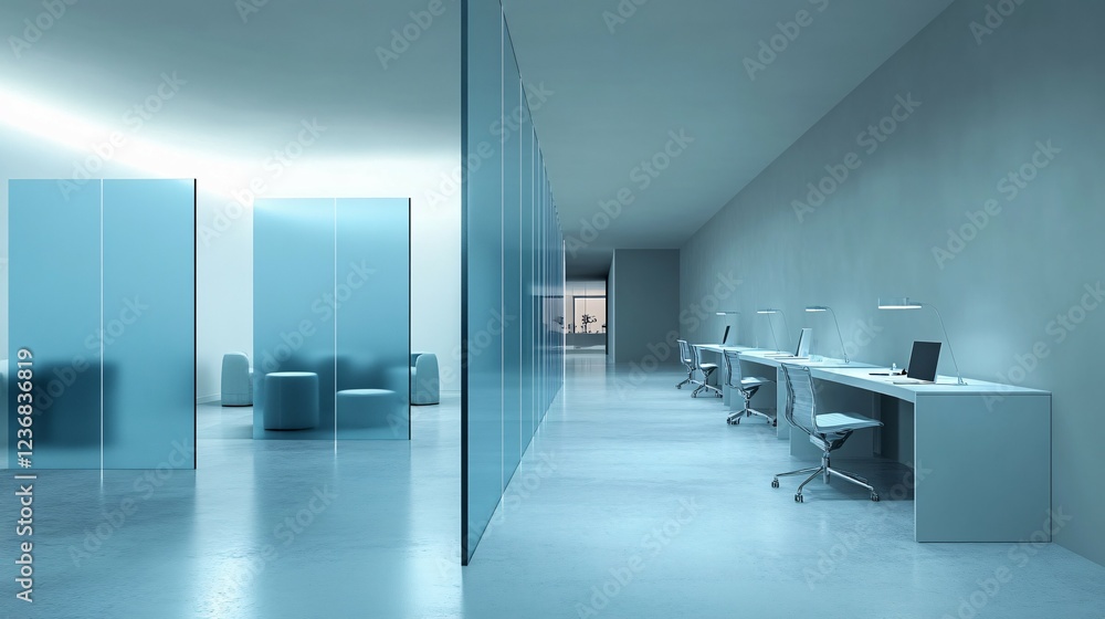 Fototapeta premium Modern Office Interior Design With Glass Partitions And Workstations