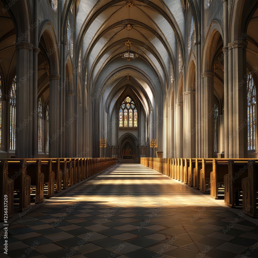 Fototapeta premium Sunlit cathedral nave, rows of pews