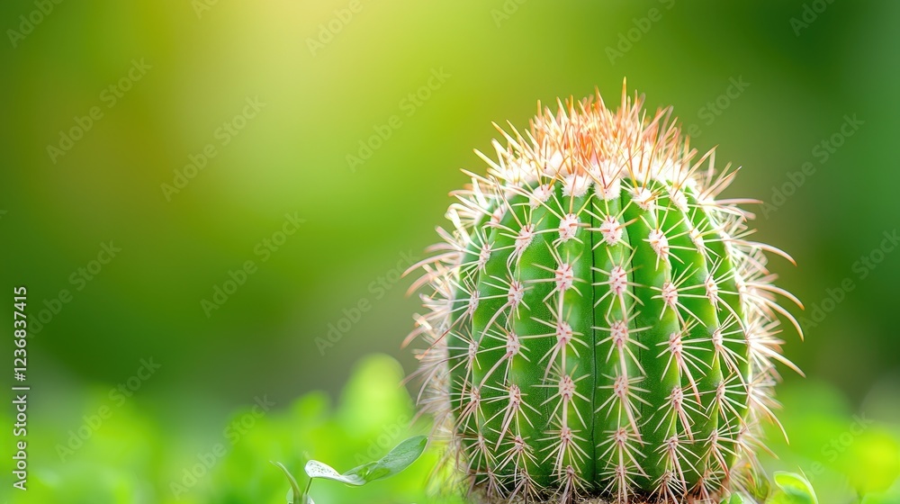 Green Cactus in Garden, Bright Sunlight Background Green Cactus in Garden, Bright Sunlight Background