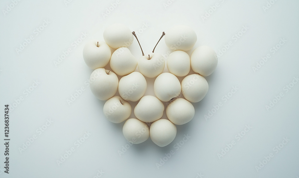 A white heart made from white apples against a white background.Minimal creative Valentine's food concept.Copy space,flat lay A white heart made from white apples against a white background.Minimal creative Valentine's food concept.Copy space,flat lay