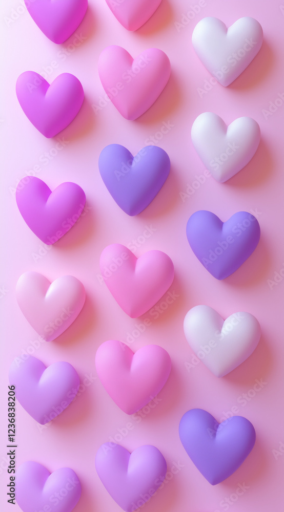 A pink and purple gradient, 3D simple flat illustration with hearts in a row.Minimal creative Valentine's holiday concept.Copy space,flat lay A pink and purple gradient, 3D simple flat illustration with hearts in a row.Minimal creative Valentine's holiday concept.Copy space,flat lay