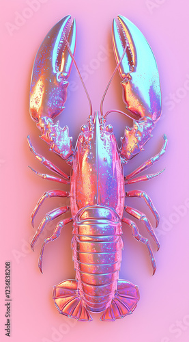 A pink lobster with silver glitter on its body and tail,  in the center of an empty light blue background. Minimal creative seafood concept. Advertisement for seafood restaurants. Copy space, flat lay