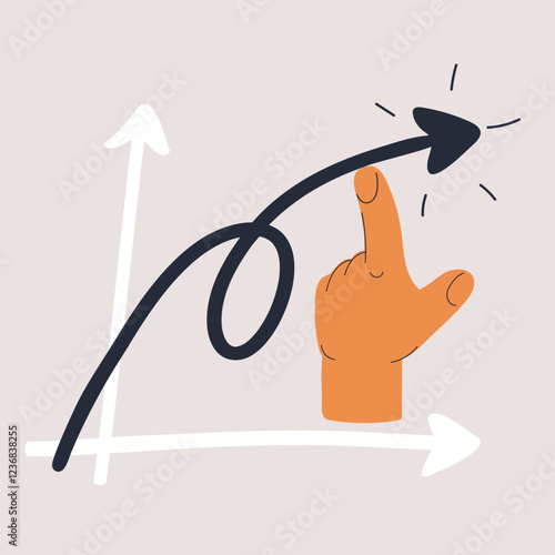Cartoon vector illustration of a hand with a raised thumb supporting a growing business graph with