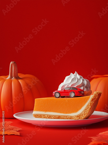 Pumpkin pie with whipped cream and a slot car on top of it. Minimal creative food and travel concept. Copy space, flat lay. Travel agency advertisement. photo