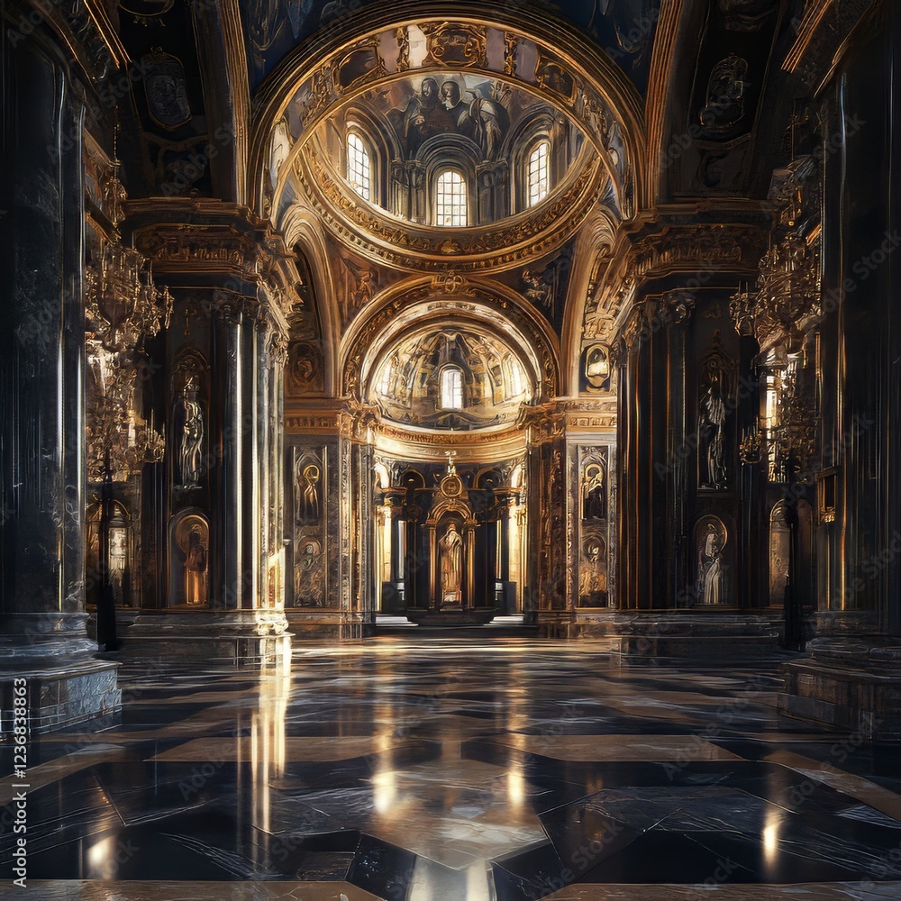 Fototapeta premium Opulent church interior, golden light