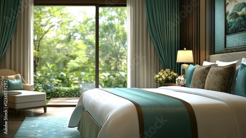 Luxurious bedroom with patio view, interior design, teal accents photo