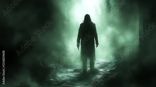 A shadowy figure stands in a misty forest path