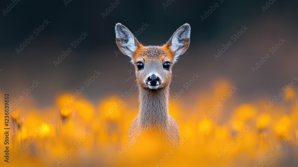 Fototapeta premium Young deer in sunset meadow, wildlife scene