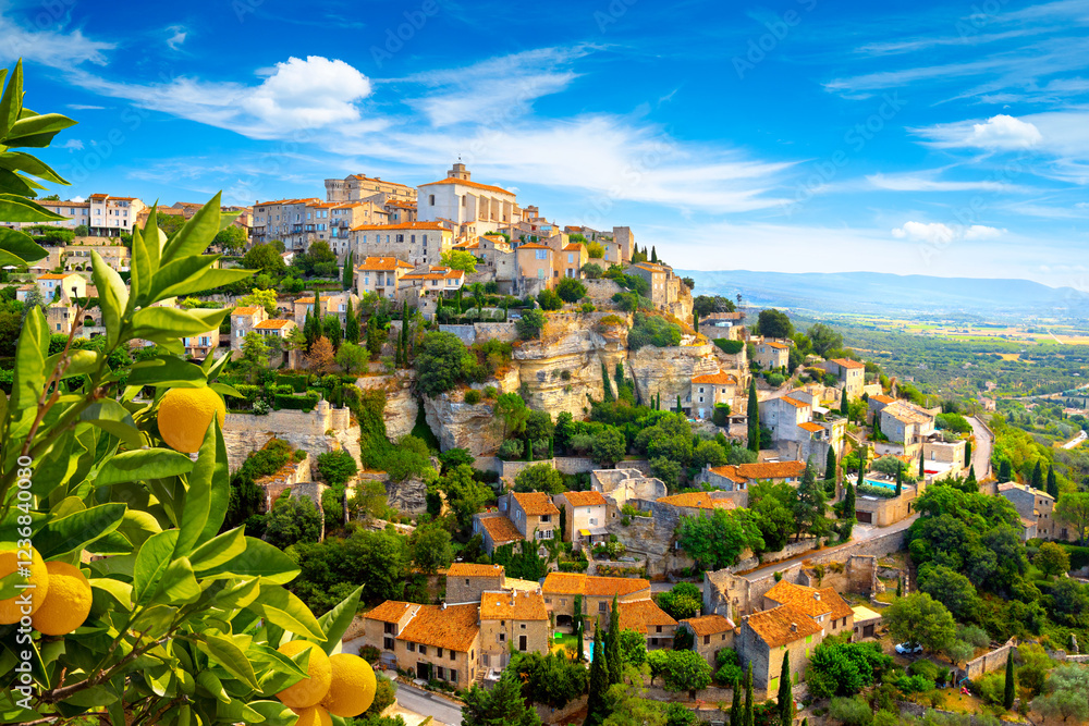 View of Gordes, a small medieval town in Provence, France. A view of the ledges of the roof of this beautiful village and landscape