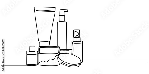cosmetics bottle set continuous one line drawing, Cosmetics set outline. Cream tubes makeup continuous one line drawing. Face care items. Decorative product cosmetics on blue background, Aromatherapy.
