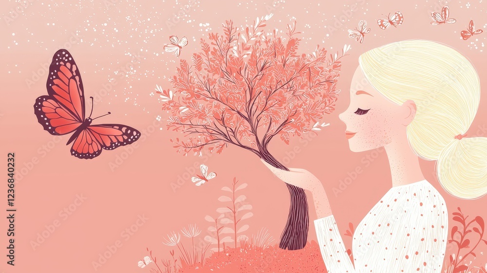 Beautiful Woman Holding a Tree Surrounded by Butterflies in Pastel Colors Beautiful Woman Holding a Tree Surrounded by Butterflies in Pastel Colors