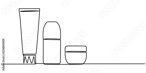 cosmetics bottle set continuous one line drawing, Cosmetics set outline. Cream tubes makeup continuous one line drawing. Face care items. Decorative product cosmetics on blue background, Aromatherapy.