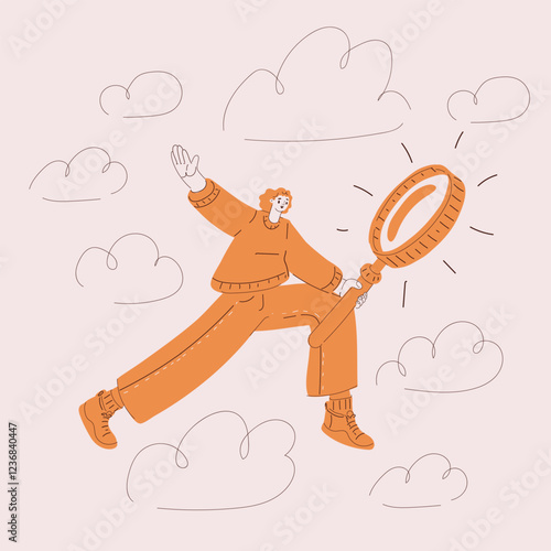 Cartoon vector illustration of a woman with a giant magnifying glass, exploring clouds and seeking new discoveries in the sky
