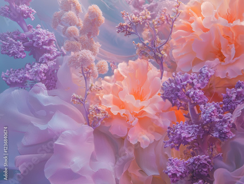 Romantic floral arrangement with soft pink and purple blooms and sheer fabric