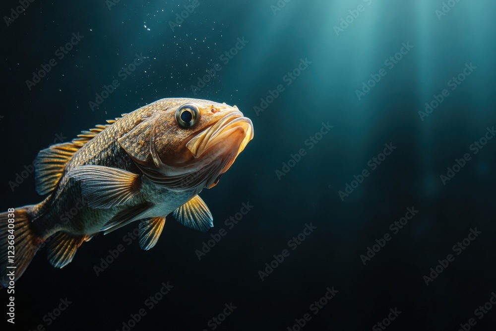 Fototapeta premium Dive into the depths where a confused fish swims aimlessly through dark waters, encountering the effects of nitrogen narcosis