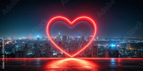 Neon Heart Shape Overlooking Vibrant City Skyline at Night photo